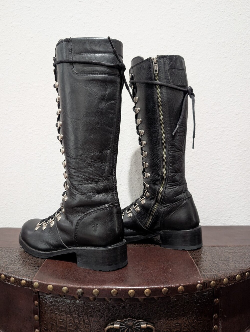 VTG Frye Rogan Tall Black Leather Combat Lace-Up Side-Zip Boots Size 7.5 - Picture 5 of 16
